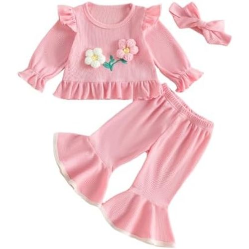 Fall Toddler Girl Outfits 3D Crochet Flowers Ruffled Long Sleeve Sweatshirt and Flared Pants with Headband Set