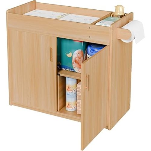 Ogears Daycare Diaper Changing Table with Removable & Washable Mattress Pad | Quiet-Close Doors & 2 Storage Cubbies | Durable Wood, Adjustable Safety Strap (Natural)