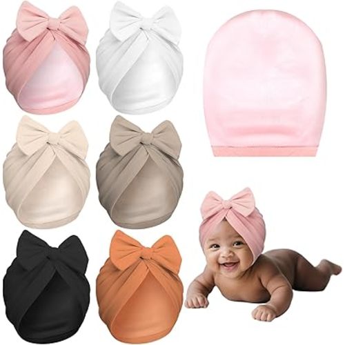 6/8 Pcs Newborn Satin Bonnet for Infant Toddler Silky Satin Lined Stretchy Baby Turban Hats with Bow