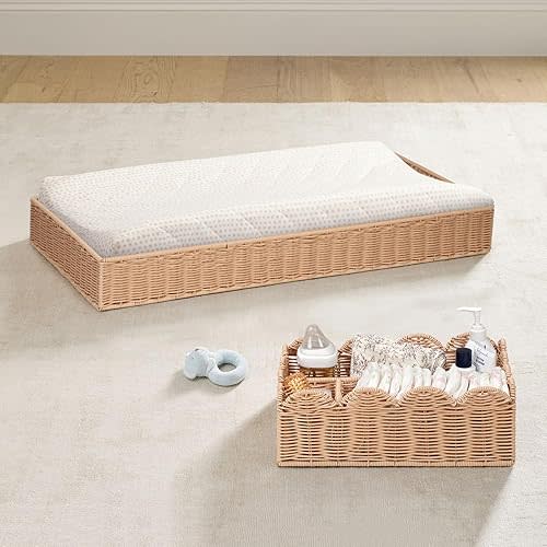 Ultimate Rattan Nursery Changing Station Set – Universal Diaper Tray & Wicker Organizer Caddy, Boho Baby Essentials