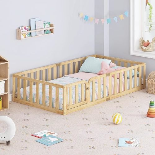 Spirich Twin Size Kids Floor Bed Frame with Fence and Door, Solid Wood Montessori Floor Bed for Kids with Safety Guardrails, Twin Bed Frame for Boys and Girls, Natural