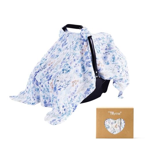 TILLYOU Baby Car Seat Cover, Breathable Muslin Cotton Infant Car Seat Cover, Lightweight Canopy with Sun and Bug Protection(Blue Flower)