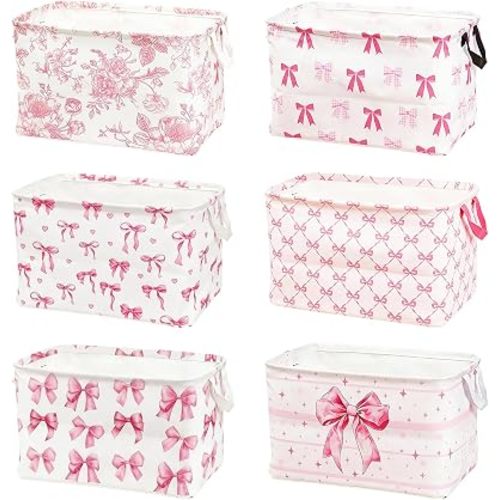6 Pcs Pink Storage Baskets Waterproof Canvas Bins with Handles
