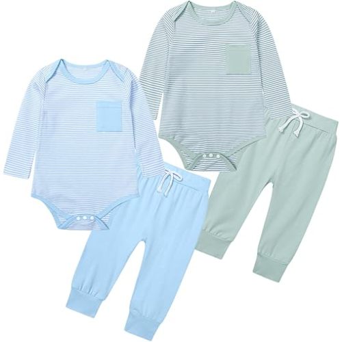 BeiVSlley 2 Pack Newborn Baby Boys Girls' Long-Sleeve Romper jumpsuit+Solid Sweatpants, Infant Fall Winter Outfits Clothes