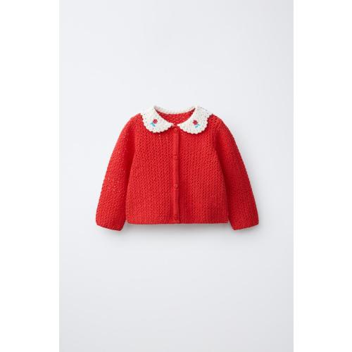 EMBROIDERED PETER PAN COLLAR CARDIGAN - Red | ZARA United States