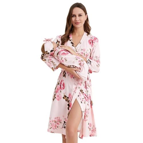 Galabloomer Flower Maternity Robe and Baby Receiving Blanket, Matching Mommy Labor Delivery Robe and Swaddle Set
