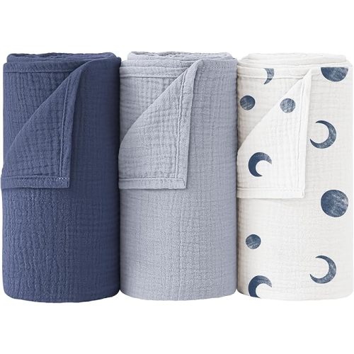 Bearmoss Muslin Swaddle Blankets, 40 x 38 inches Baby Swaddle for Boys and Girls, Soft Baby Blanket, 3 Pack Breathable Nursery Receiving Blankets (Bluemoon)