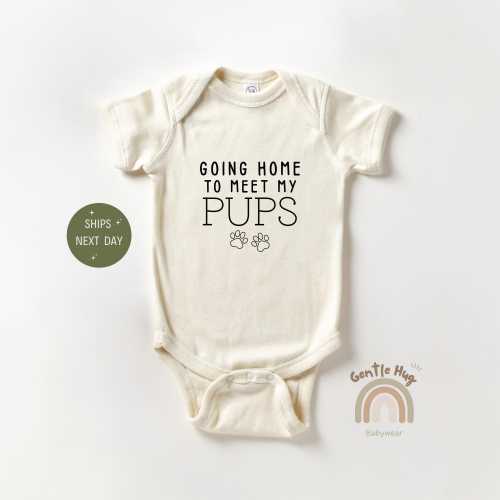 Going Home To Meet My Pups Baby Onesie®, Baby Announcement Bodysuit, Dog Lover Baby Bodysuit, Natural Onesie®, Baby Shower Gift, Funny Gift
