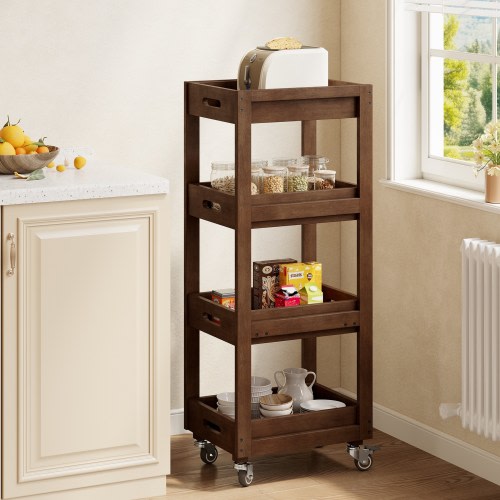 Slim Solid Wood Storage Cart, 4-Tier Kitchen Rolling Cart with Wheels