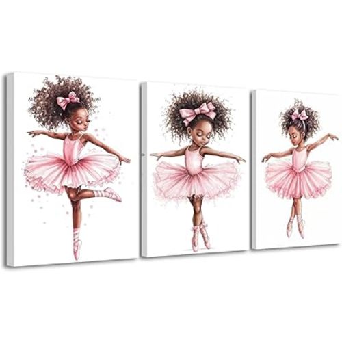 BJYCHG Black Ballerina Wall Art Set of 3 Afro Ballerina Nursery Decor African American Canvas Pink Ballet Prints Black Girls Dancer Picture for Girls Room (Pink, 11x14inchx3 Pieces)