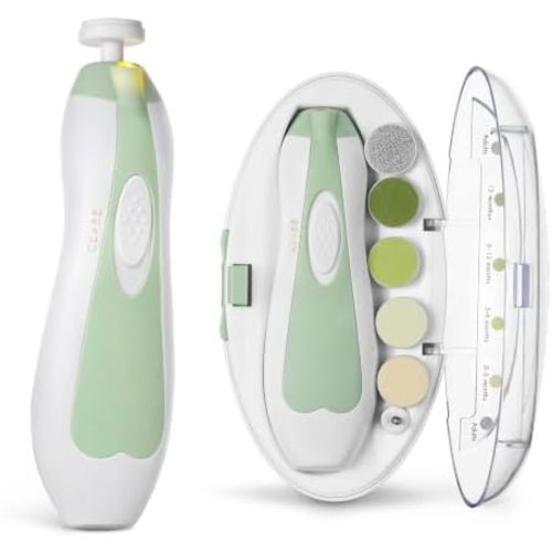 haakaa Baby Nail File Electric Baby Nail Care Set with LED Light, Baby Nail Clippers for Newborn/Infants/Adults Toenails and Fingernails, 6 Replacement Heads & Storage Case, Green