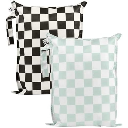 Tiny Twinkle Mess Proof Wet Bags | 2-Pack Reusable Waterproof Wet Bags for Swimsuits | Baby Clothes | Travel & Diaper Bag (Black, Green Checkers)