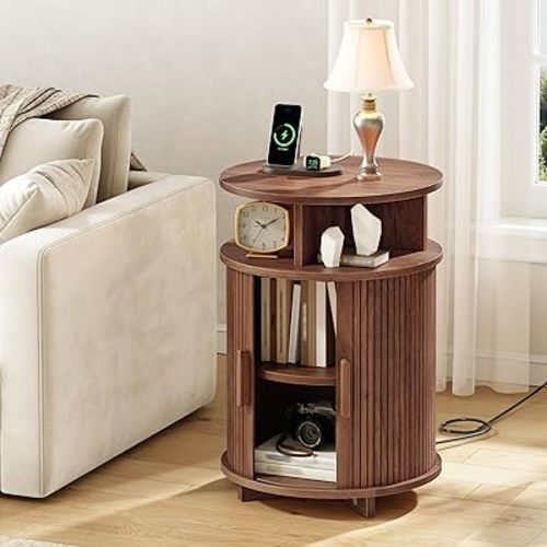 Round Fluted End Tables, Round End Table with Charging Station, Fluted Sofa Side Table with Sliding Tambour Door and Storage, Mid-Century Nightstand for Living Room, Bedroom, Walnut