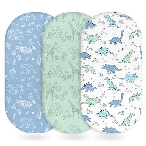 Unnivoll Baby Bassinet Sheets Girl Boy, Fitted Bassinet Sheet Set 3 Pack Bassinet Mattress Sheets Universal Fit for Rectangle, Round, Oval, Hourglass Mattress, Soft Breathable Green & Blue Dinosaur