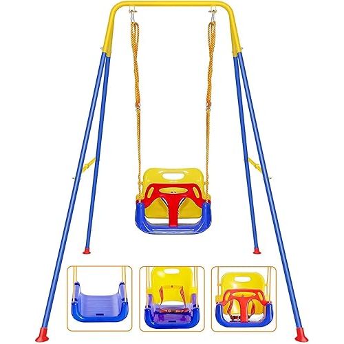 3 in 1 Toddler Swing with Frame, Outdoor Indoor, Baby Swing with Safety Belt for Indoor and Outdoor Use, Foldable Metal Stand & Clear Instructions, Easy to Assemble