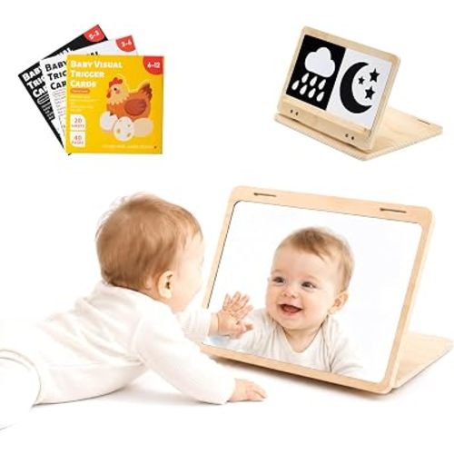 Tummy Time Mirror with 60 High Contrast Cards, 2 in 1 Wooden Montessori Mirrors & Card Display Stand, Shatterproof Safe Baby Floor Mirror, Black White Colorful Visual Stimulation Sensory Toy