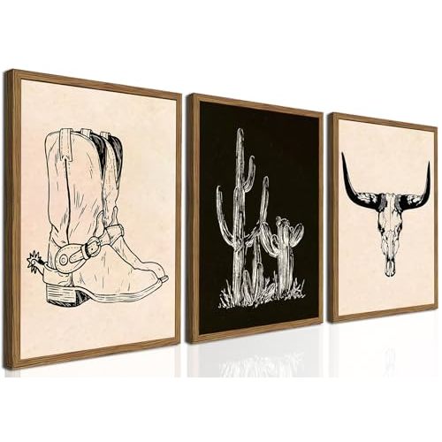 Vintage Western Wall Art Set of 3, Southwestern Cowboy Wall Decor Paintings, Black and White Longhorn Bull Skull Canvas Prints for Bedroom Living Room 12x16 inch Wood Framed