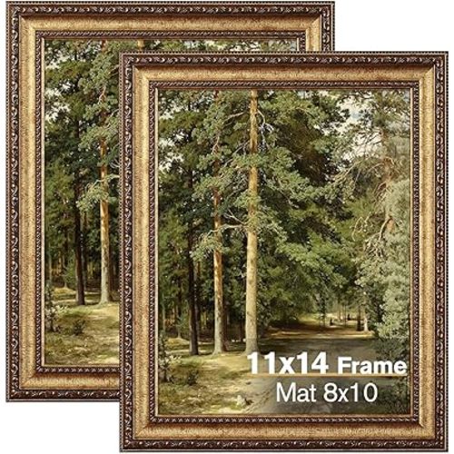 11x14 Gold Picture Frame, 2 Pack Ornate Vintage Picture Frames for Wall or Tabletop Display, 11 x 14 Photo Frame Gold with Real Glass, Display Poster 8x10 with Mat or 11x14 without Mat for Antique Déco