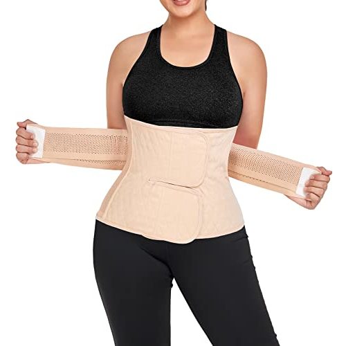 QEESMEI Postpartum Belly Band Abdominal Binder Post Surgery C-section Belly Binder Wrap Girdle Recovery Belt Back Support (Nude, Small/Medium)