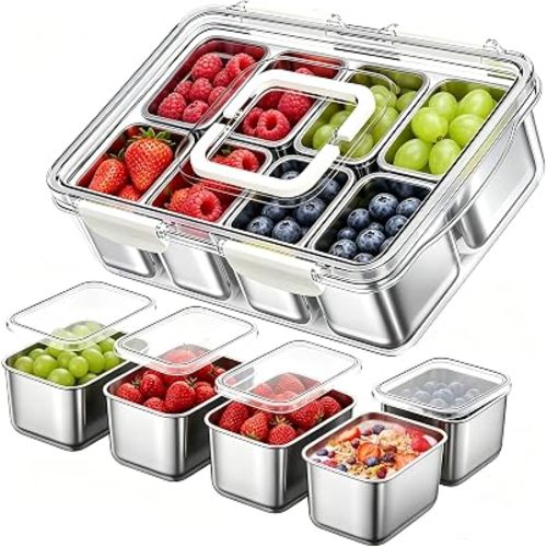 Snackle Box Container, Stainless Steel Snack Tray with Lid and Handle