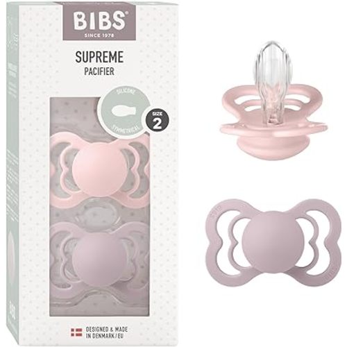 BIBS Supreme Baby Pacifiers | BPA-Free Silicone Pacifier | Made in Denmark | Set of 2 Soothers (Blossom/Dusky Lilac, 6-18 Months)