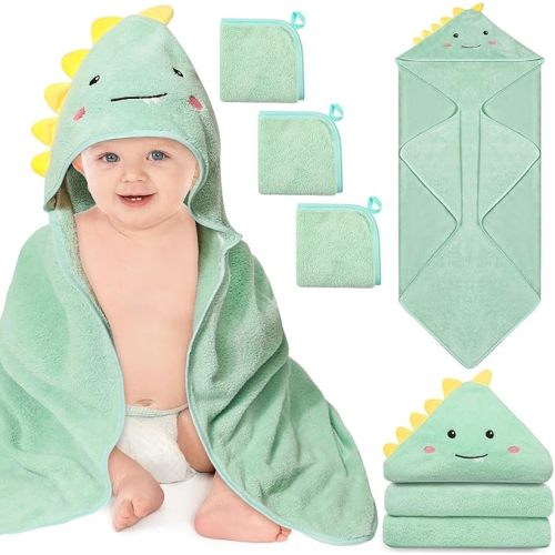 4 PCS Baby Bath Towels Set for Newborn Infant Toddler Essentials (Dinosaur)
