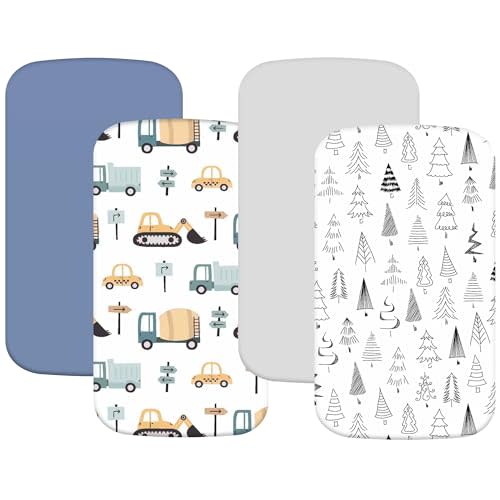 4 Pack Bassinet Sheets (19" x 33"), Compatible with Baby Delight, BabyBond, Dream On Me and Most Rectangle Bedside Sleeper Bassinet Mattress, Soft and Skin-Friendly, Blue Truck & Grey Forest