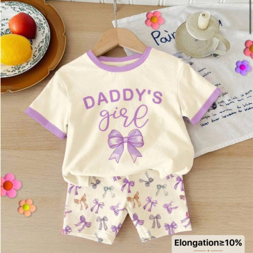 SHEIN LMoss Kids Cream-Colored, Cute & Sweet Bow Print "Daddy's Girl" Baby Girl Casual Loose Round Neck Short Sleeve T-Shirt And Skinny Shorts Set, Summer Outfits, Easy Comfort, Autumn Layers For Baby Girl, Stylish Baby Girl, Casual Wear, Baby Girl Graphi