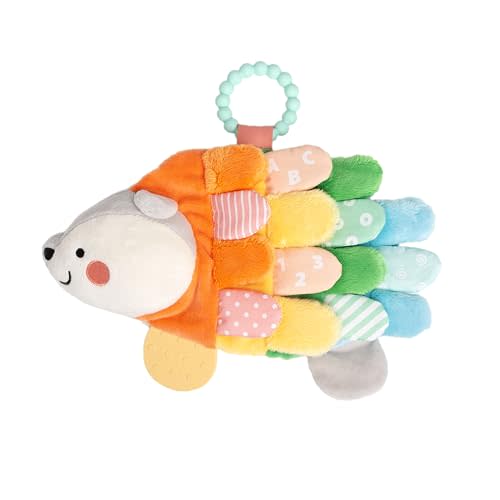 Pearhead Hedgehog Montessori Sensory Toy with Crinkle Tabs and Teether, Soft Lovey for Baby Sensory Development, Ages 0m+