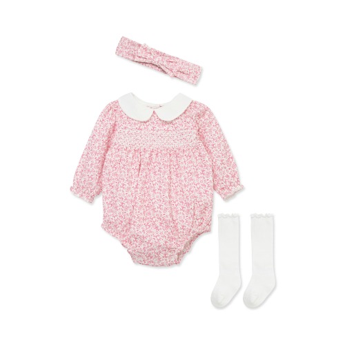 Floral Smocked Bubble Romper, Headband & Socks 3-Piece Set