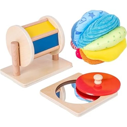 Montessori Baby Toys Play Kit Montessori Mirror Peekaboo Knob Puzzle, Medium Spinning Drum and Rainbow Fabric Ball Kit Toys for 6-12Months Toddlers