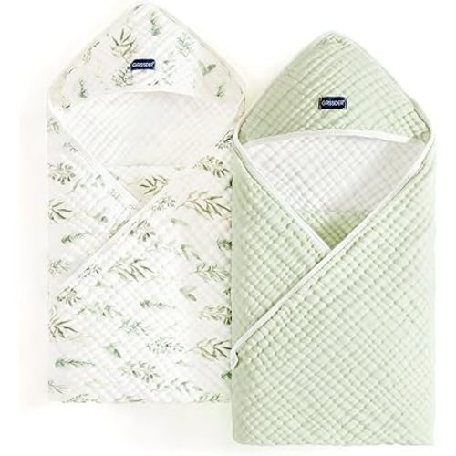 GRSSDER Ultra Soft Absorbent Muslin Cotton Baby Hooded Towel 2 Pack with Original Patterns, Extra Large Size 35"x 35" Swaddle Wrap for Newborn Infant and Toddler