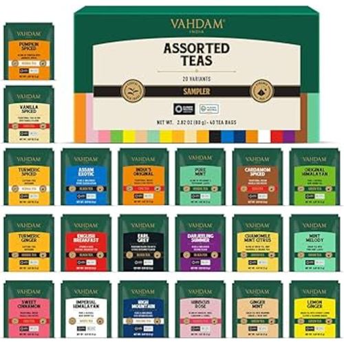 VAHDAM, Assorted Tea Sampler (20 Delicious Variety, 40 Individually Wrapped Pyramid Teabags) Long Leaf Premium Teas I Christmas Tea Gift Set
