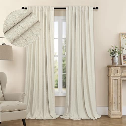 Burlap Curtains 90 Inches Long for Bedroom 2 Panel 100 Percent Blackout Linen Textured Full Light Blocking Cottage Drape for Living Room Dining Noise Reducing Sound Proof Curtains 52x90 Length Beige