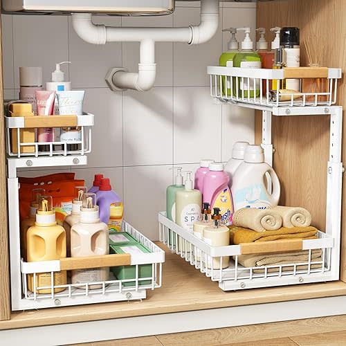 PXRACK 2 Pack Under Sink Organizer,Adjustable Height,2 Tier Pull Out Under Cabinet Organizer,Slide Out Thickened Metal Under Sink Storage for Kitchen Bathroom Laundry Pantry Cabinet,White
