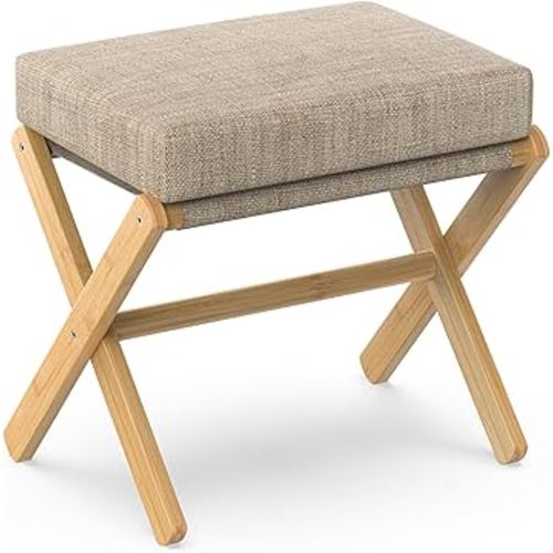 Foldable Foot Stool Ottoman, Modern Foot Rest with Bamboo X Legs & Thick Foam Cushion, Folding Foot Stools Small Padded for Bedroom Living Room, Footstool for Chair Couch (Natural - Brown)