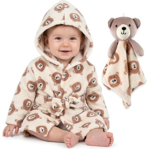 Baby Essentials Bathrobe & Minky Lovey Blanket Set – Hooded Robe & Snuggler for Boys & Girls (0-9 Months) (Brown Bear)