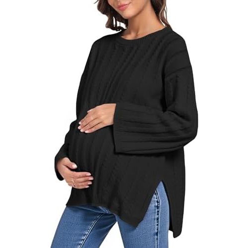 Saodimallsu Womens Maternity Sweater Tops Casual Cable Knit Crewneck Long Sleeve Split Fall Pullover Pregnancy Clothes