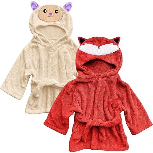 Sunny zzzZZ 2 Pack Unisex Baby Plush Animal Face Robe for 0-9 Months - Baby Essentials Registry Gifts