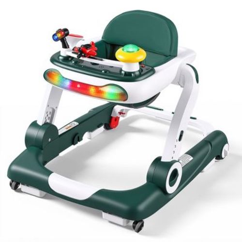 Kinder King 5-in-1 Baby Walker with Music & Lights, Activity Walker for Toddler, Adjustable Height, Safety Bumper, Green