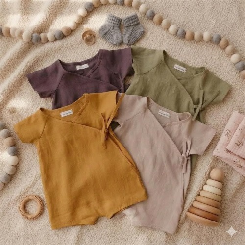 Linen Cotton Baby Romper – Kimono Wrap, Earthy Tones, Summer Jumpsuit