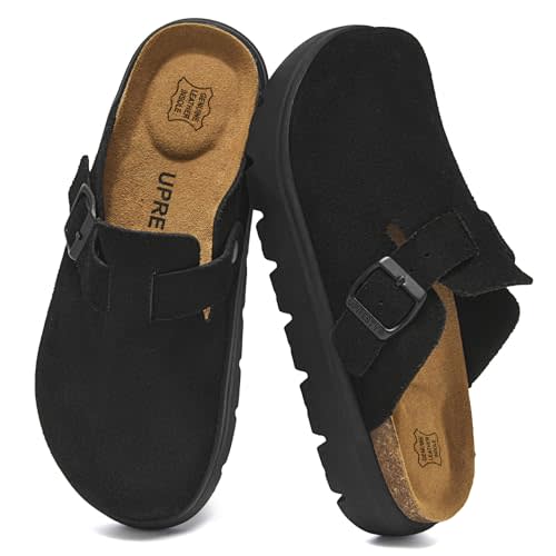 UpResty 100% Genuine Suede Black Clogs for Women with Arch Support, Platform Womens Clogs with Memory Foam Insole, Comfort Cork Footbed Leather Mules for Women Stylish Slip on Potato Shoes 39.5EU