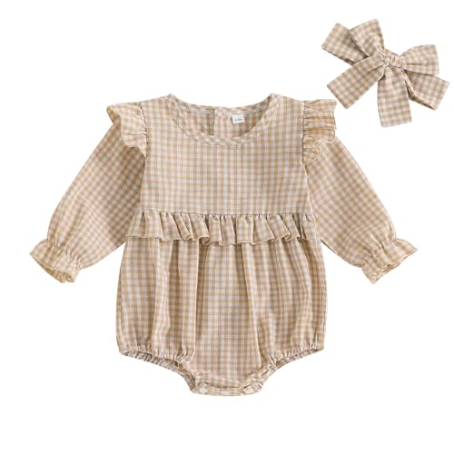 Karuedoo Newborn Baby Girl Clothes Gingham Plaid Bubble Romper Long Sleeve Ruffle Bodysuit with Headband Spring Fall Outfit