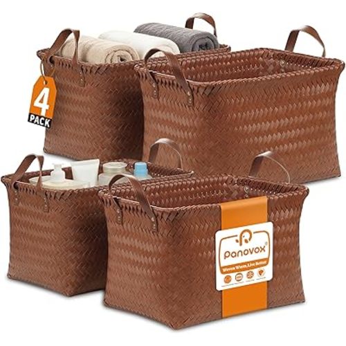 Hand Woven Baskets for Storage, 4Pcs Water-Resistant Wicker Baskets, Brown Wicker Storage Baskets for Shelves, Large Basket with Handle for Organizing, Clothes, Laundry, Blanket - Rectangular
