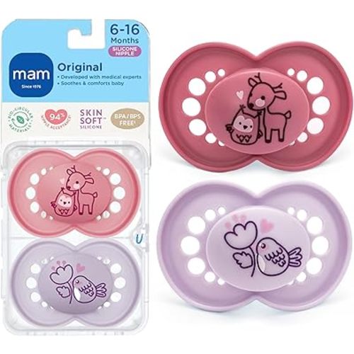 MAM Original Matte Baby Pacifiers 6-16 Months, Binky for Newborn Babies, BPA-Free Skin Soft Silicone Nipple, Easy to Clean, Developed with Medical Experts, 2 Count, With Sterilizer Case Made in Europe
