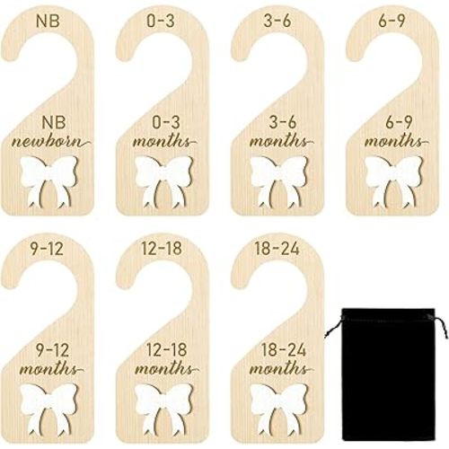 R HORSE Wooden Baby Closet Dividers - 3D Coquette White Bow Baby Closet Organizer, 8Pcs Double-Sided Newborn Clothes Size Hanger Dividers, Nursery Decor Birthday Gift for Boy Girl (0-24 Months)