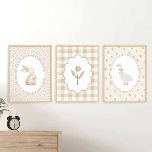 Vintage posters set printed in canvas, Goose print, bunny print, wall decor, girl Room wall art, Kids room prints