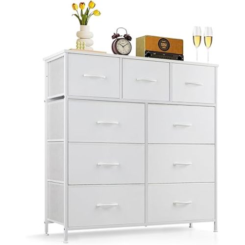 9-Drawer Dresser for Bedroom, Anti-Tip Tall Storage Organizer Chest of Drawers with Wooden Top and Metal Frame Fabric Bins for Closet, Living Room, Hallway, Entryway, White