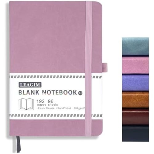 Blank Journal Notebook, A5, 192 Pages 100 GSM Thick Sketch Book for Women Men, Hardcover Leather Unlined Journaling for Work, Notebooks for Writing, 5.8 inches x 8.5 inches (Pink)