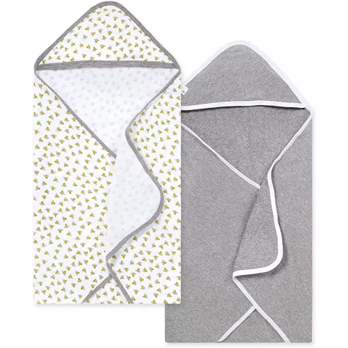 Burt's Bees Baby - Hooded Towels, Absorbent Knit Terry, Super Soft Single Ply, 100% Organic Cotton (Honey Bee/Grey, 2-Pack)